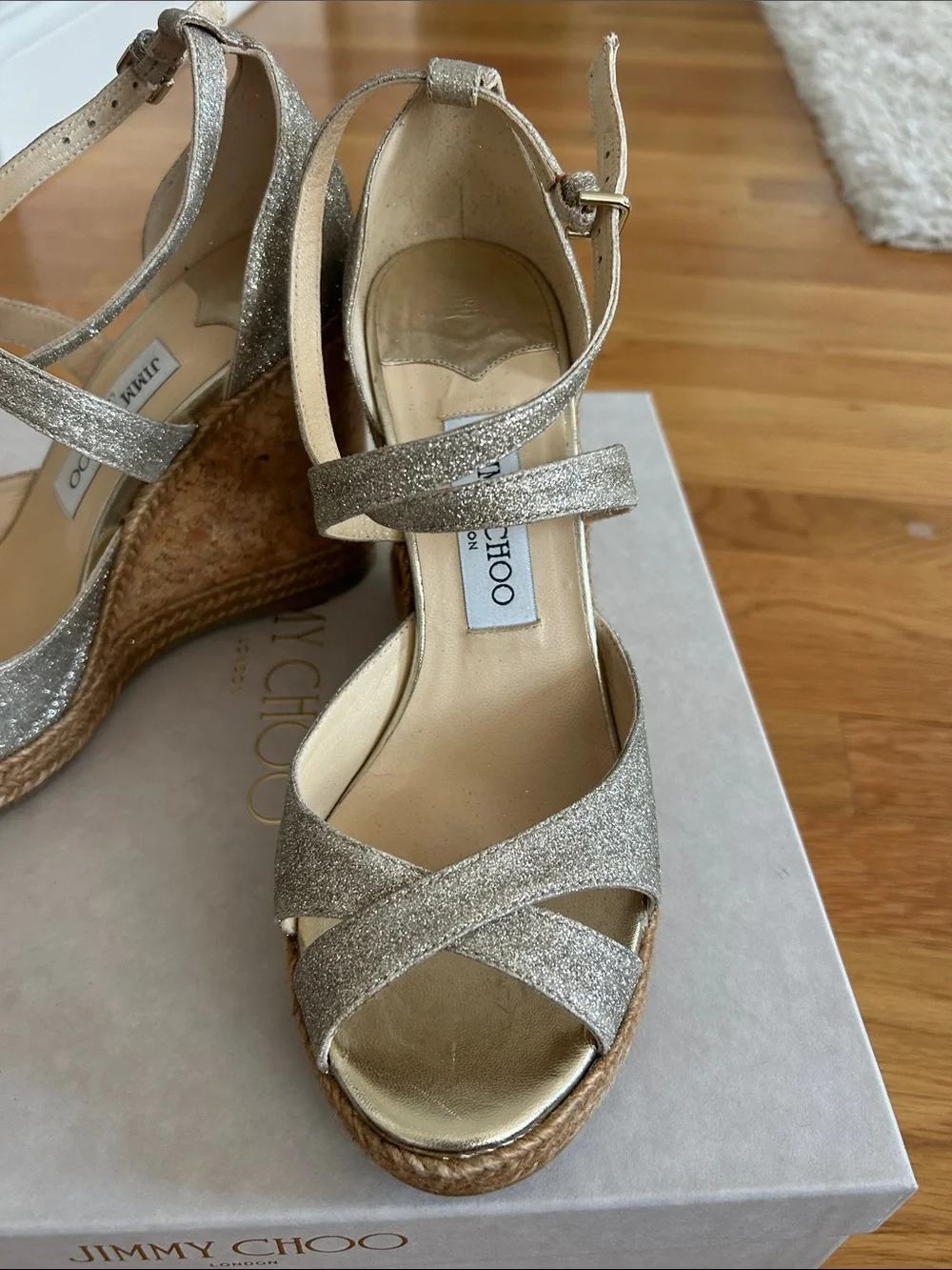 Jimmy Choo Platinum Ice Alana Espadrille Wedge Sandals size 38.5
